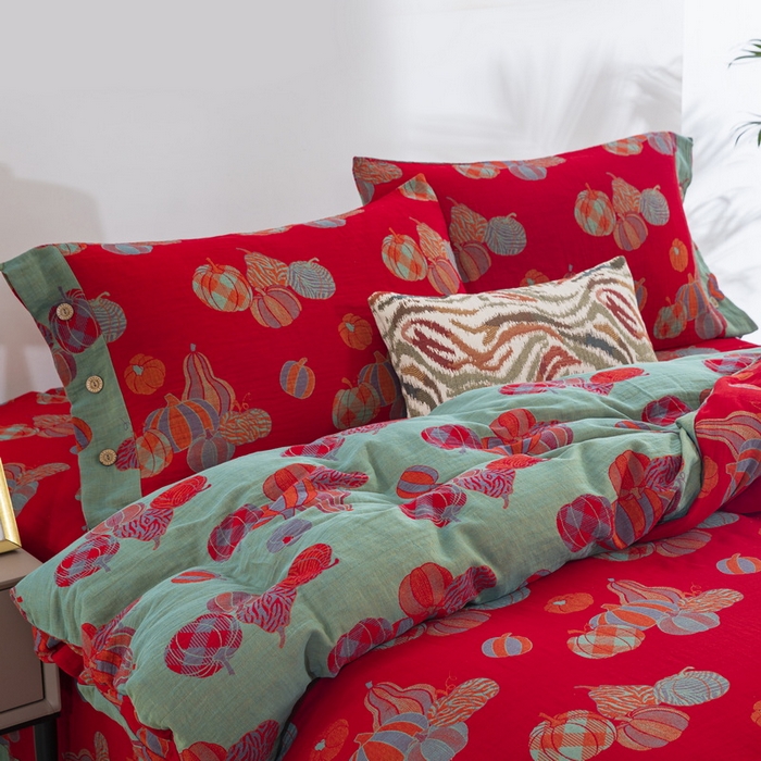 91家纺网 家纺一手货源 找家纺 鲁爱 2025新款全棉色织双层纱纽扣款四件套 子孙满堂-红