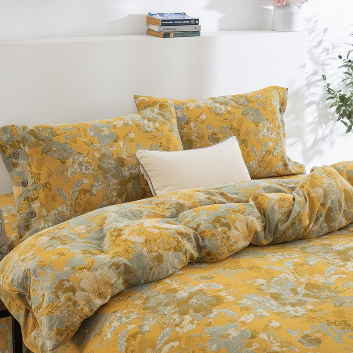 91家纺网 家纺一手货源 找家纺 鲁爱 2025新款全棉色织双层纱纽扣款四件套 流光溢彩-黄