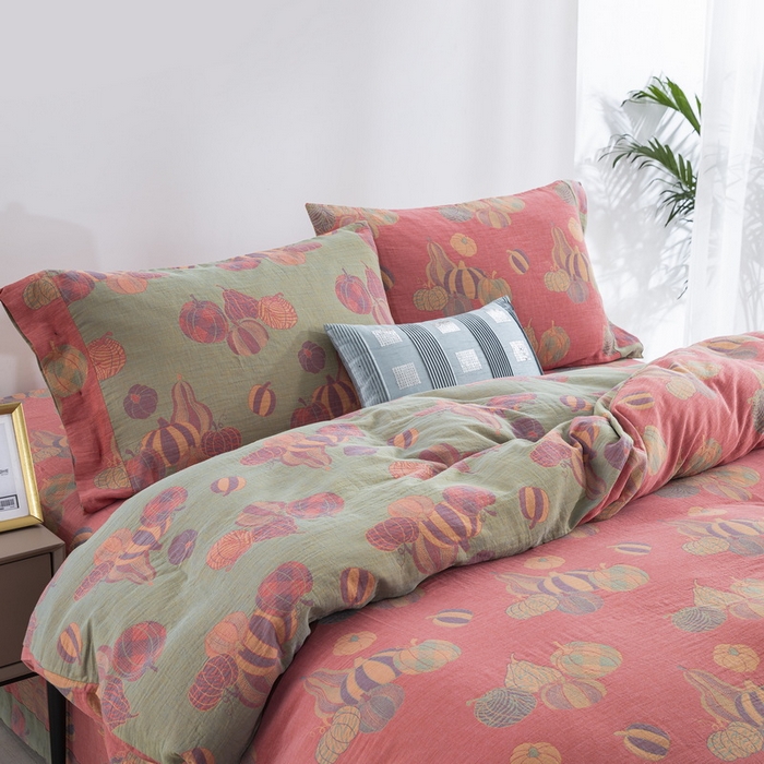 91家纺网 家纺一手货源 找家纺 鲁爱 2025新款全棉色织双层纱纽扣款四件套 子孙满堂-粉