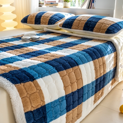 花言狐语 2025新款北极绒保暖夹棉加厚床褥-大床 蓝大格