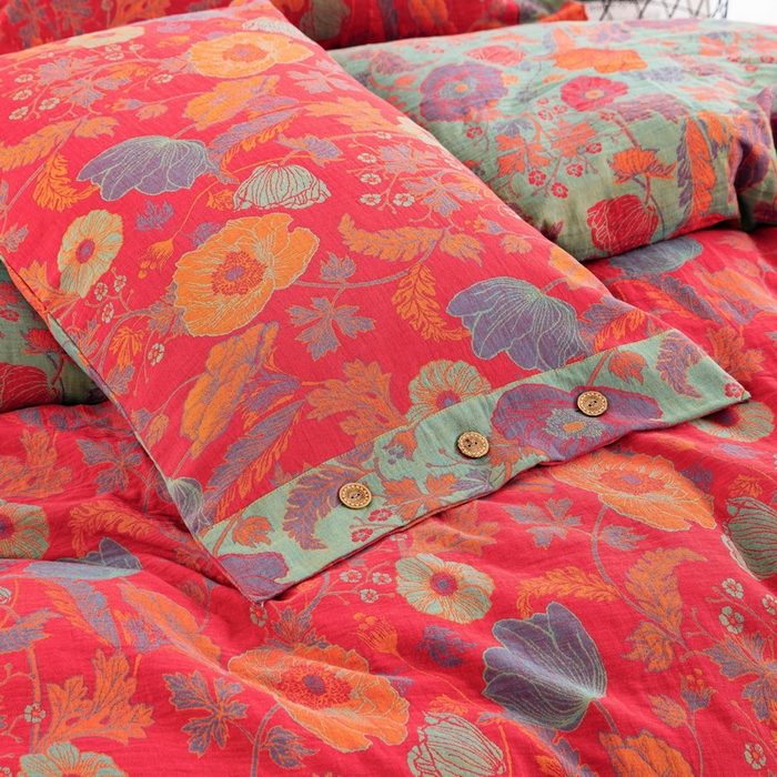 91家纺网 家纺一手货源 找家纺 鲁爱 2025新款全棉色织双层纱纽扣款四件套 虞美人-红