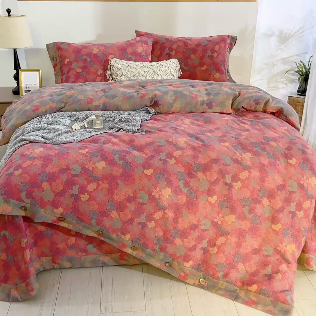 91家纺网 家纺一手货源 找家纺 鲁爱 2025新款全棉色织双层纱纽扣款四件套 花影重叠-粉