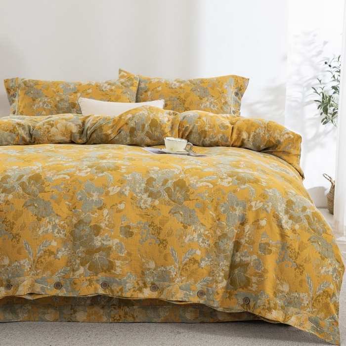 91家纺网 家纺一手货源 找家纺 鲁爱 2025新款全棉色织双层纱纽扣款四件套 流光溢彩-黄