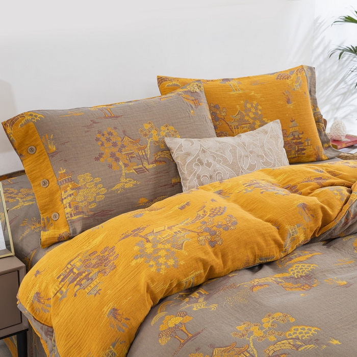 91家纺网 家纺一手货源 找家纺 鲁爱 2025新款全棉色织双层纱纽扣款四件套 逸彩之林-灰