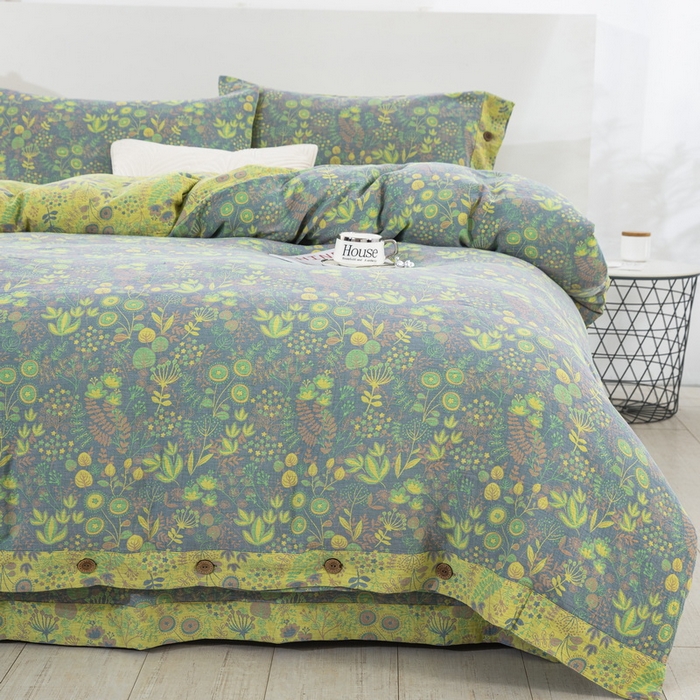 91家纺网 家纺一手货源 找家纺 鲁爱 2025新款全棉色织双层纱纽扣款四件套 普罗旺斯-灰黄