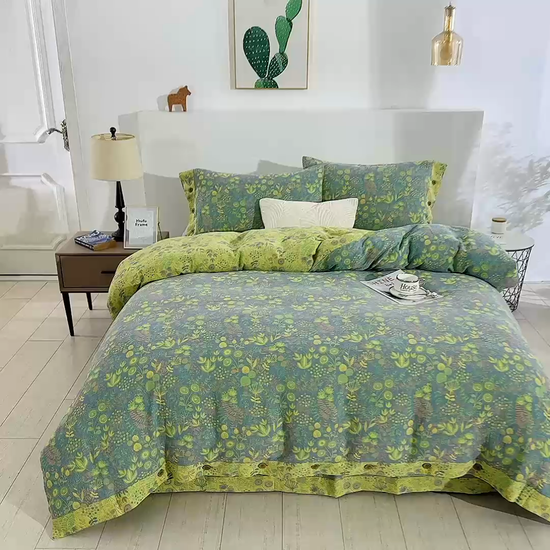 91家纺网 家纺一手货源 找家纺 鲁爱 2025新款全棉色织双层纱纽扣款四件套 普罗旺斯-灰黄