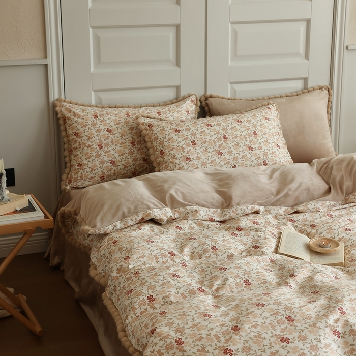 91家纺网 家纺一手货源 找家纺 棉眠 2024新款棉加绒毛球款四件套第二批 红茶（棉加绒）