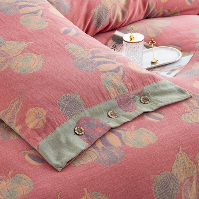 91家纺网 家纺一手货源 找家纺 鲁爱 2025新款全棉色织双层纱纽扣款四件套 子孙满堂-粉