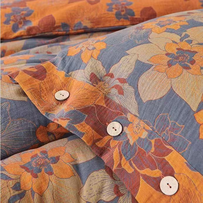 91家纺网 家纺一手货源 找家纺 鲁爱 2025新款全棉色织双层纱纽扣款四件套 云梦花镜-蓝