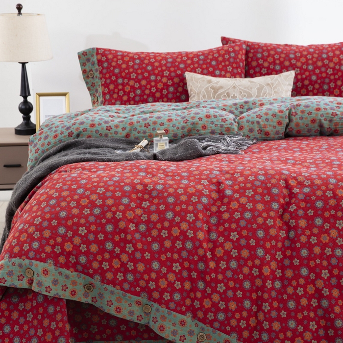 91家纺网 家纺一手货源 找家纺 鲁爱 2025新款全棉色织双层纱纽扣款四件套 花香四溢-红