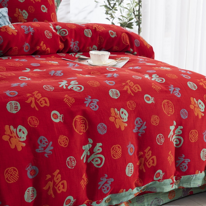 91家纺网 家纺一手货源 找家纺 鲁爱 2025新款全棉色织双层纱纽扣款四件套 新百福