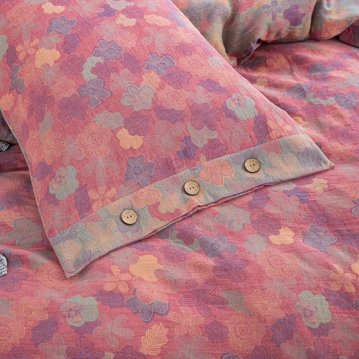 91家纺网 家纺一手货源 找家纺 鲁爱 2025新款全棉色织双层纱纽扣款四件套 花影重叠-粉