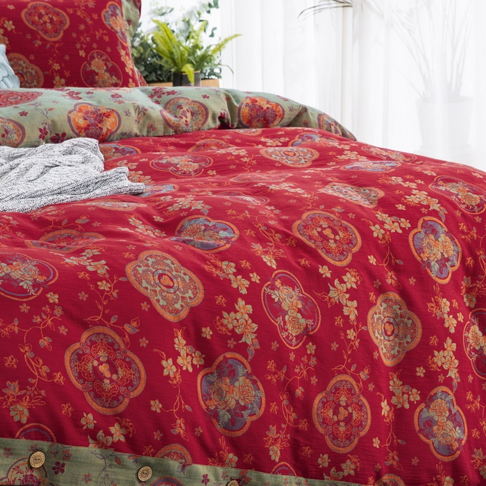 91家纺网 家纺一手货源 找家纺 鲁爱 2025新款全棉色织双层纱纽扣款四件套 金玉满堂-红