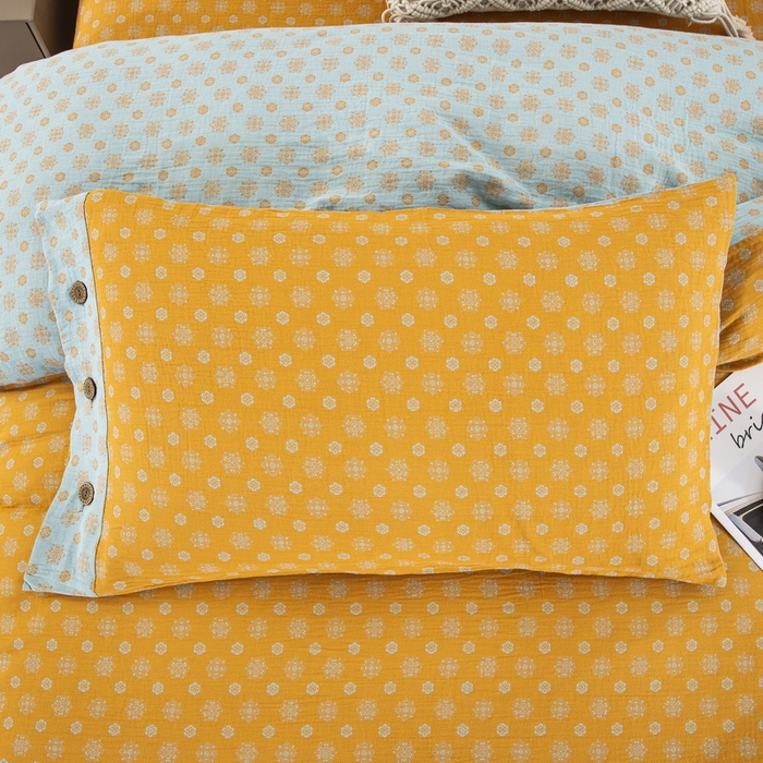 91家纺网 家纺一手货源 找家纺 鲁爱 2025新款全棉色织双层纱纽扣款四件套 幸福星-黄