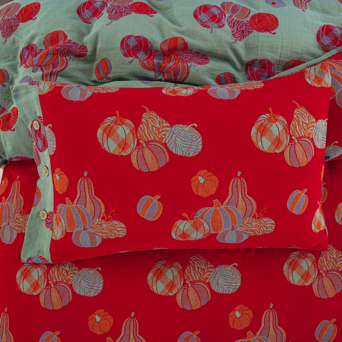 91家纺网 家纺一手货源 找家纺 鲁爱 2025新款全棉色织双层纱纽扣款四件套 子孙满堂-红