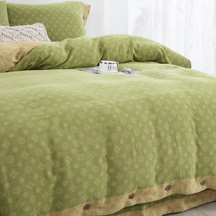 91家纺网 家纺一手货源 找家纺 鲁爱 2025新款全棉色织双层纱纽扣款四件套 幸福星-绿