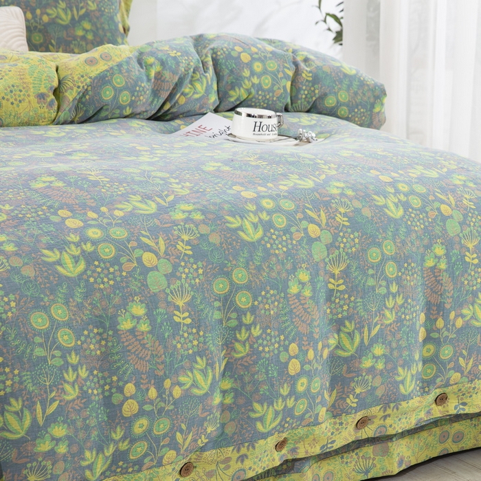 91家纺网 家纺一手货源 找家纺 鲁爱 2025新款全棉色织双层纱纽扣款四件套 普罗旺斯-灰黄