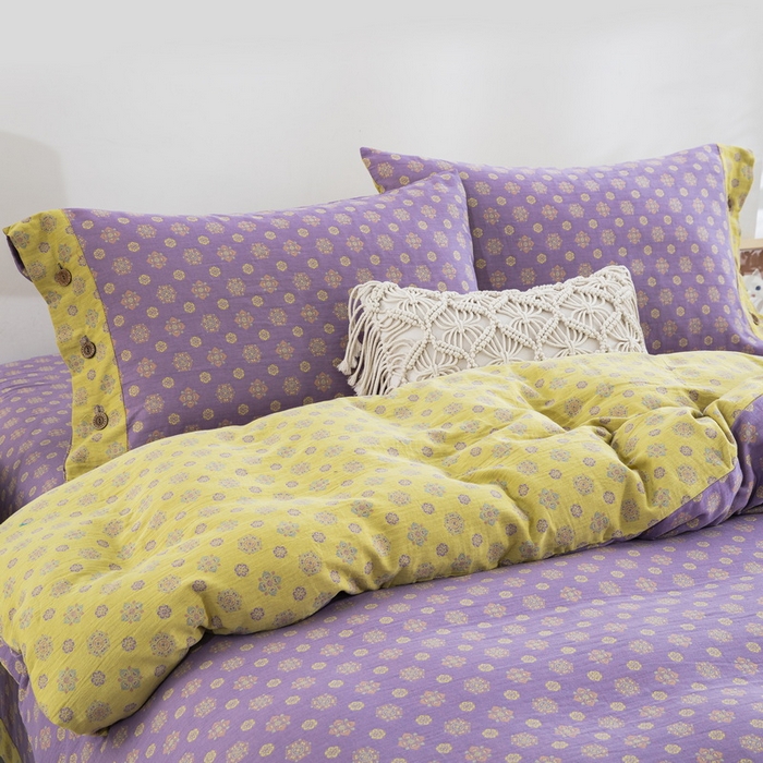 91家纺网 家纺一手货源 找家纺 鲁爱 2025新款全棉色织双层纱纽扣款四件套 幸福星-浅紫