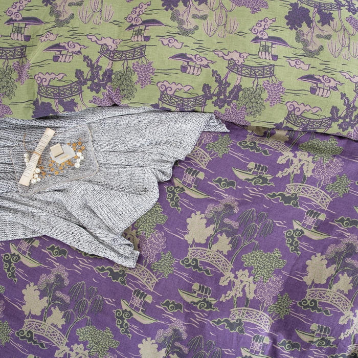 91家纺网 家纺一手货源 找家纺 鲁爱 2025新款全棉色织双层纱纽扣款四件套 烟雨湖畔-紫