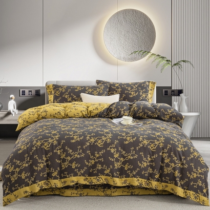 鲁爱 2025新款全棉色织双层纱纽扣款四件套 梅醉春秋-黑金