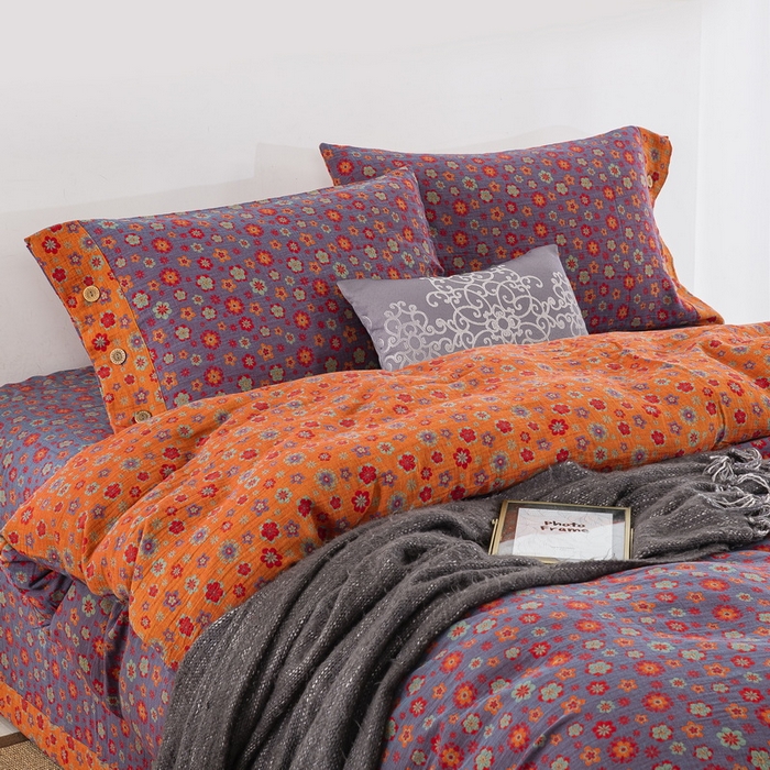 91家纺网 家纺一手货源 找家纺 鲁爱 2025新款全棉色织双层纱纽扣款四件套 花香四溢-紫罗兰