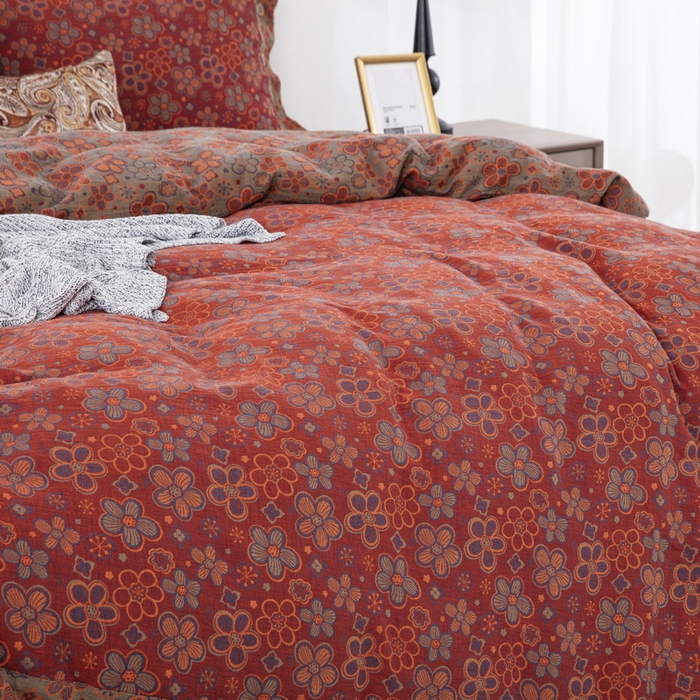 91家纺网 家纺一手货源 找家纺 鲁爱 2025新款全棉色织双层纱纽扣款四件套 泽丽-酒红