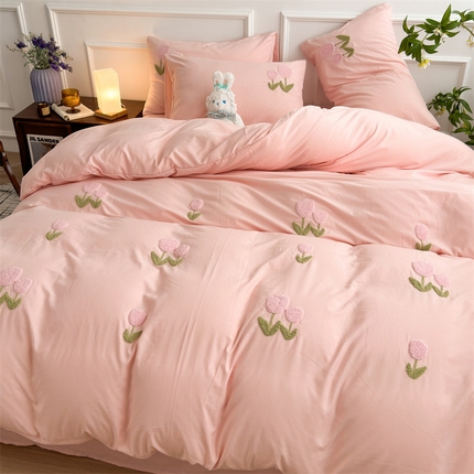 91家纺网 家纺一手货源 找家纺 多品家纺 2024新款水洗棉毛巾绣【四件套】郁见花海 郁见花海粉+粉