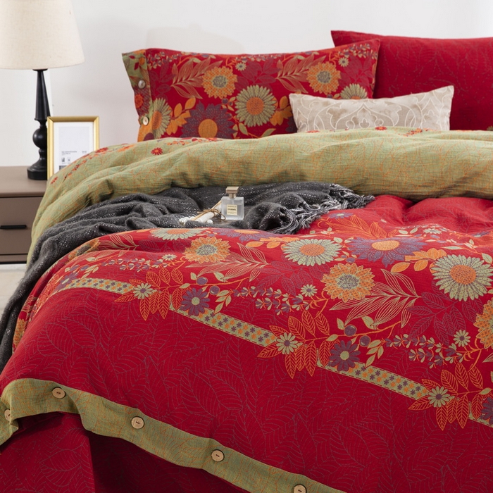 91家纺网 家纺一手货源 找家纺 鲁爱 2025新款全棉色织双层纱纽扣款四件套 花开半夏-红