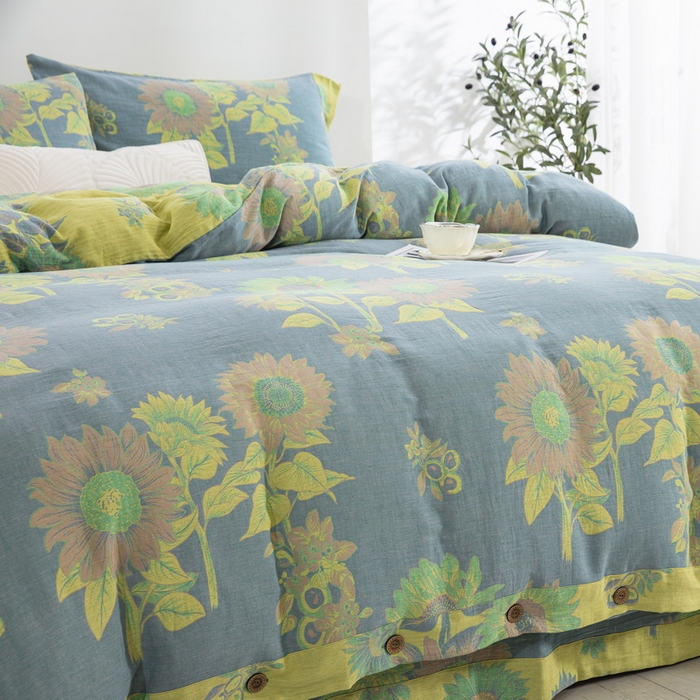 91家纺网 家纺一手货源 找家纺 鲁爱 2025新款全棉色织双层纱纽扣款四件套 一举夺魁-灰黄