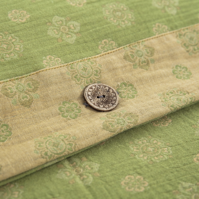 91家纺网 家纺一手货源 找家纺 鲁爱 2025新款全棉色织双层纱纽扣款四件套 幸福星-绿