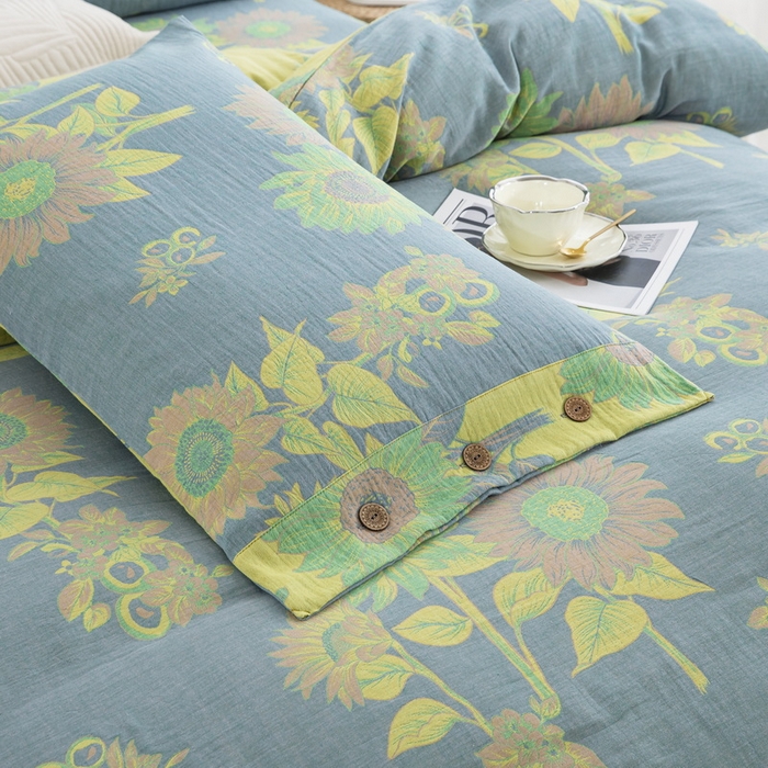 91家纺网 家纺一手货源 找家纺 鲁爱 2025新款全棉色织双层纱纽扣款四件套 一举夺魁-灰黄