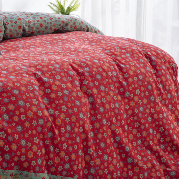 91家纺网 家纺一手货源 找家纺 鲁爱 2025新款全棉色织双层纱纽扣款四件套 花香四溢-红