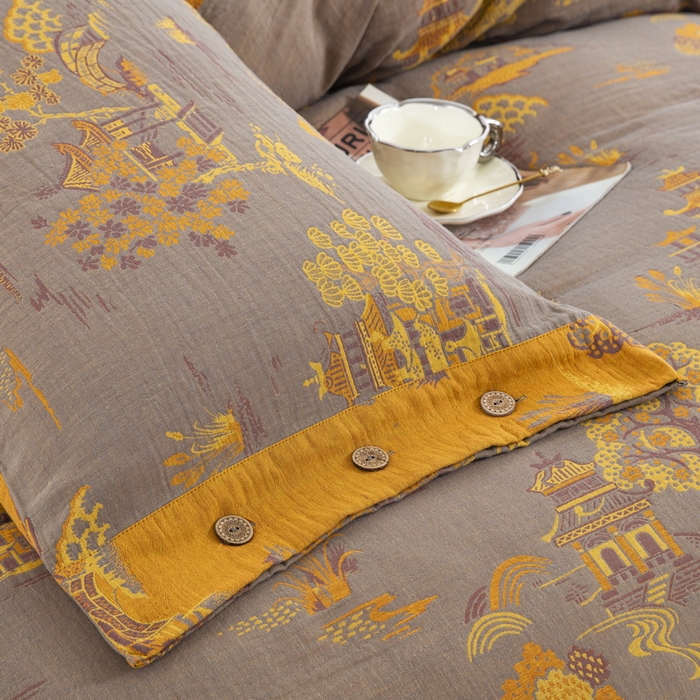 91家纺网 家纺一手货源 找家纺 鲁爱 2025新款全棉色织双层纱纽扣款四件套 逸彩之林-灰