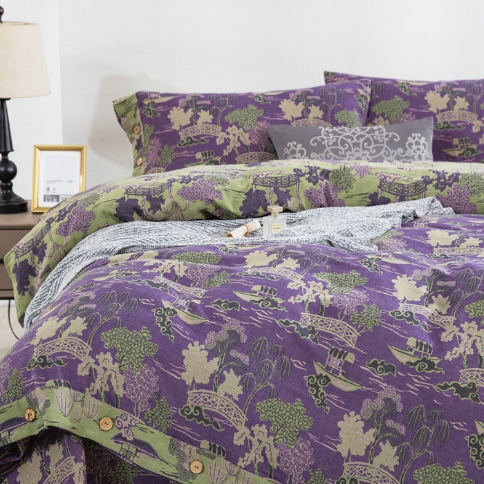 91家纺网 家纺一手货源 找家纺 鲁爱 2025新款全棉色织双层纱纽扣款四件套 烟雨湖畔-紫