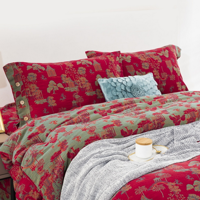 91家纺网 家纺一手货源 找家纺 鲁爱 2025新款全棉色织双层纱纽扣款四件套 蓝调-红