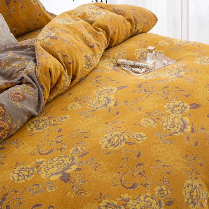 91家纺网 家纺一手货源 找家纺 鲁爱 2025新款全棉色织双层纱纽扣款四件套 陌上花开-黄