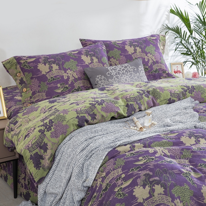 91家纺网 家纺一手货源 找家纺 鲁爱 2025新款全棉色织双层纱纽扣款四件套 烟雨湖畔-紫