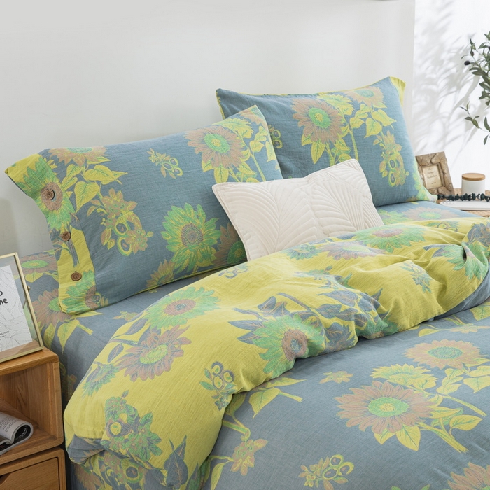 91家纺网 家纺一手货源 找家纺 鲁爱 2025新款全棉色织双层纱纽扣款四件套 一举夺魁-灰黄