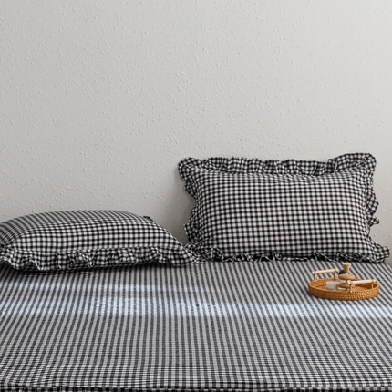 忘忧草 2024新款全棉格子花边枕套 雅尚-黑小格