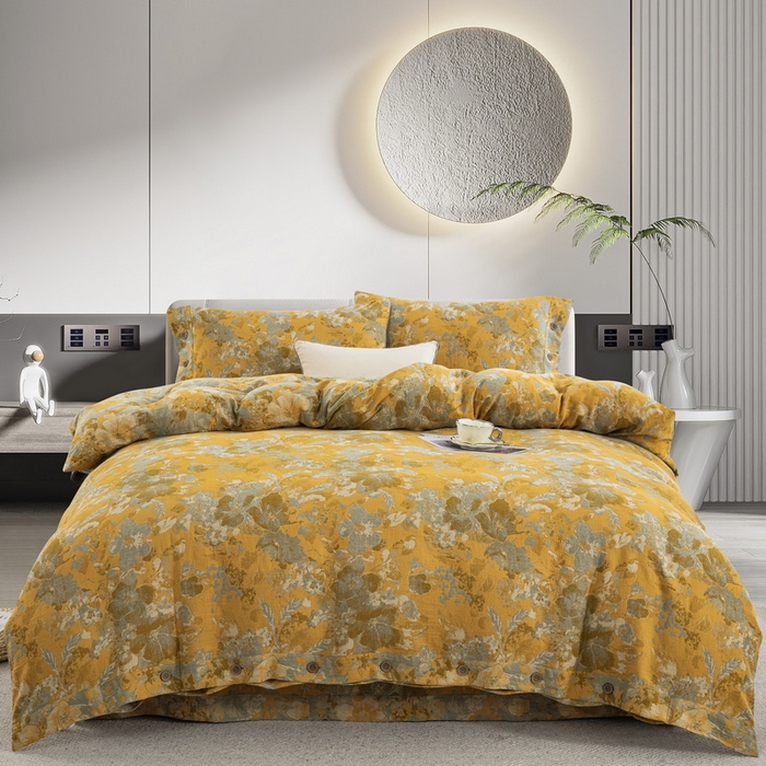 91家纺网 家纺一手货源 找家纺 鲁爱 2025新款全棉色织双层纱纽扣款四件套 流光溢彩-黄