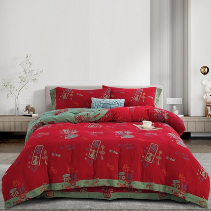 91家纺网 家纺一手货源 找家纺 鲁爱 2025新款全棉色织双层纱纽扣款四件套 一夜暴富