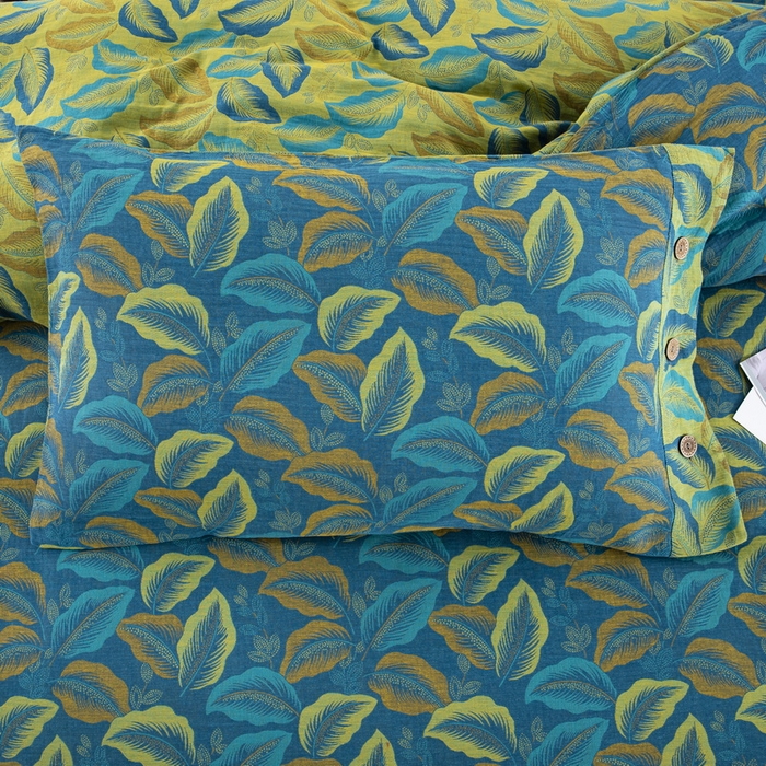 91家纺网 家纺一手货源 找家纺 鲁爱 2025新款全棉色织双层纱纽扣款四件套 叶语柔情-兰