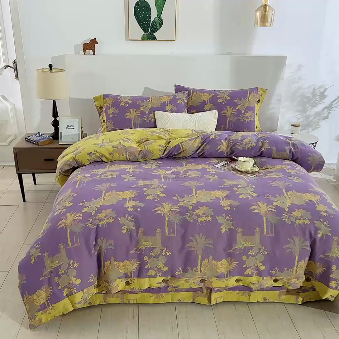 91家纺网 家纺一手货源 找家纺 （总）鲁爱 2025新款全棉色织双层纱纽扣款四件套