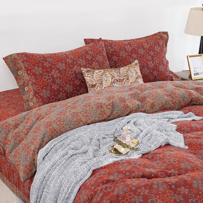 91家纺网 家纺一手货源 找家纺 鲁爱 2025新款全棉色织双层纱纽扣款四件套 泽丽-酒红