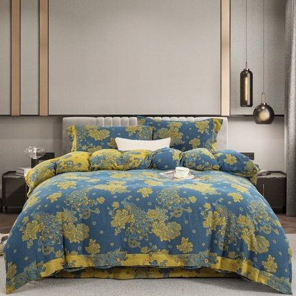 91家纺网 家纺一手货源 找家纺 （总）鲁爱 2025新款全棉色织双层纱纽扣款四件套