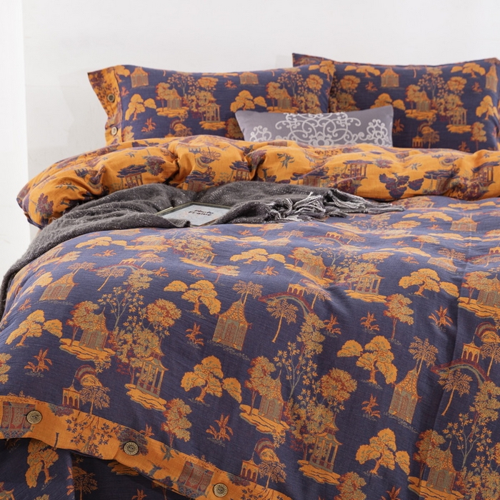 91家纺网 家纺一手货源 找家纺 鲁爱 2025新款全棉色织双层纱纽扣款四件套 蓝调-深兰