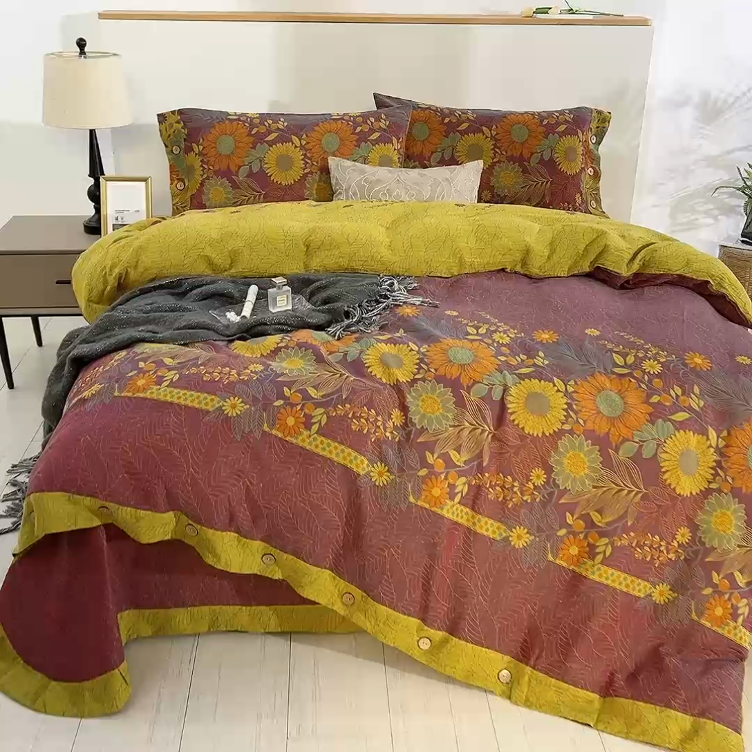 91家纺网 家纺一手货源 找家纺 鲁爱 2025新款全棉色织双层纱纽扣款四件套 花开半夏-紫罗兰