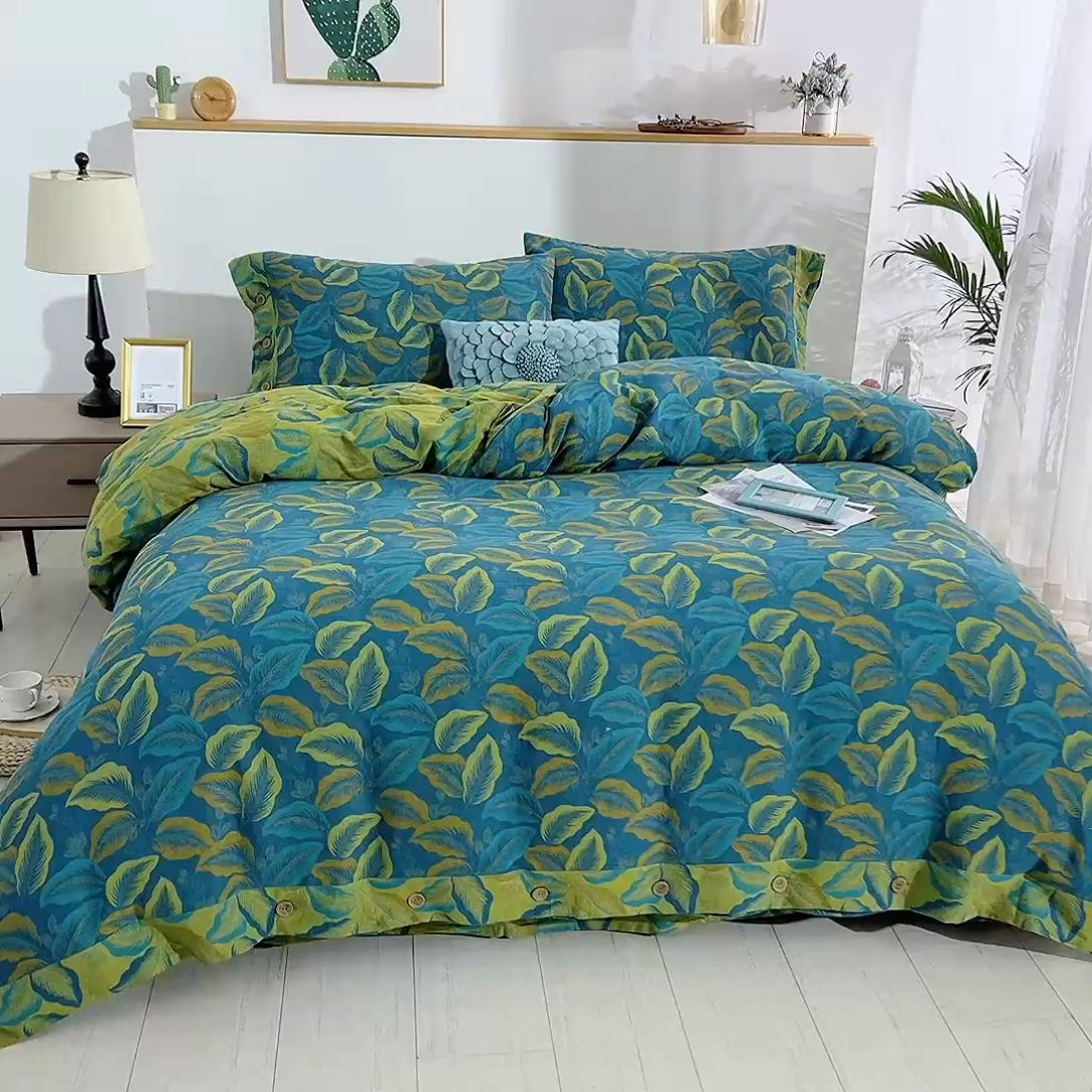 91家纺网 家纺一手货源 找家纺 鲁爱 2025新款全棉色织双层纱纽扣款四件套 叶语柔情-兰