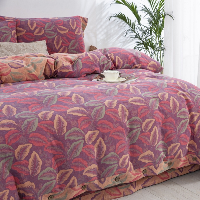 91家纺网 家纺一手货源 找家纺 鲁爱 2024新款全棉色织双层纱纽扣款四件套 叶语柔情-紫罗兰