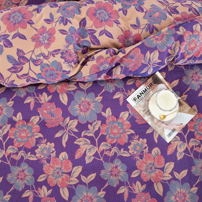 91家纺网 家纺一手货源 找家纺 鲁爱 2025新款全棉色织双层纱纽扣款四件套 花开时节-紫